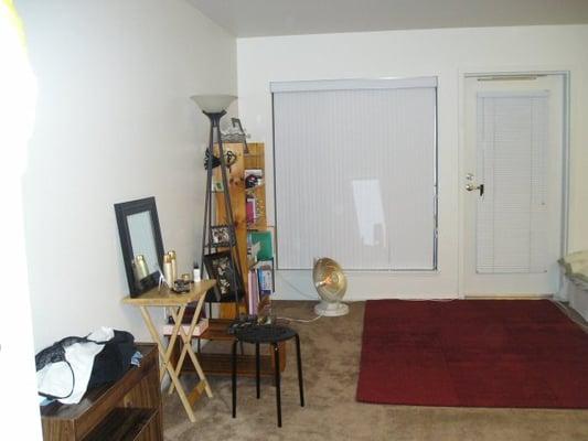 Studio-View from the front door toward my room. Window and a balcony door in the picture.