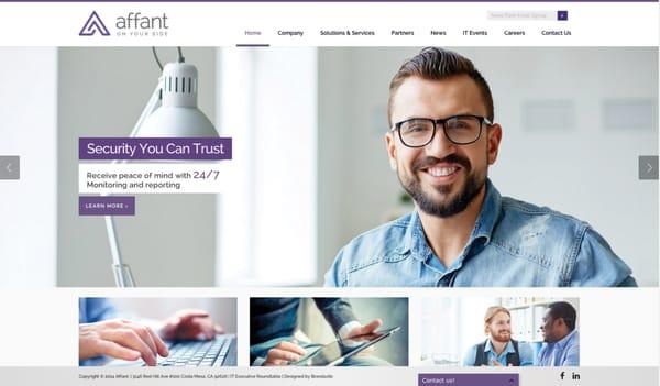 AFFANT: Affant Communications enhances their logo with a new mark and look. A brand new website with anchored sub-navigation and image-drive