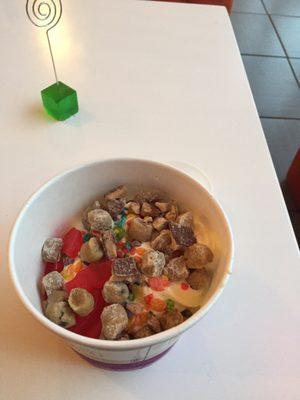 Cake Batter Froyo with Fruity Pebbles, Swedish Fish, Cookie Dough & Heath Bar Pieces.