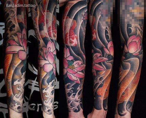 Gold fish and Lotus Japanese Sleeve by Bardadim