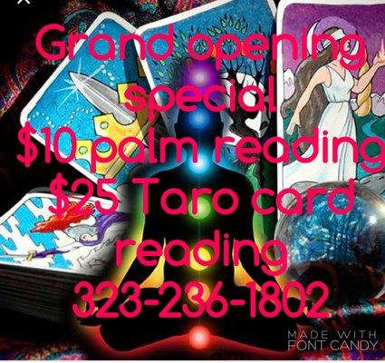 Grand opening special $10 palm reading $25 tarot card reading 323-236-1802