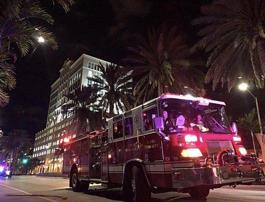 Engine 1 protecting Downtown Coral Gables on a busy night.