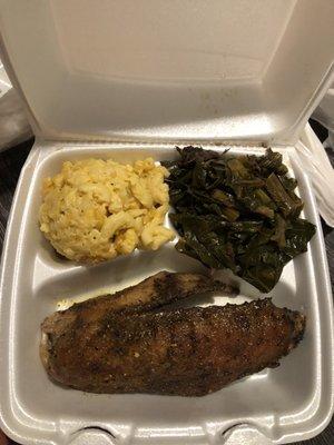 Lemon pepper wing, collard greens and Mac and cheese.