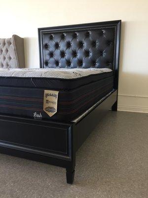 Traditional style queen bed (wood+bonded leather headboard) with latex pillowtop.