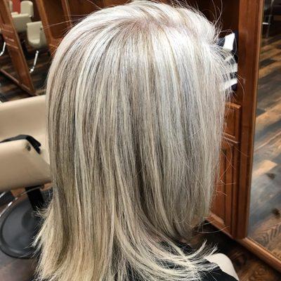 Grey Blending Full Highlights and Lowlights with Toner , Hair Cut + Style