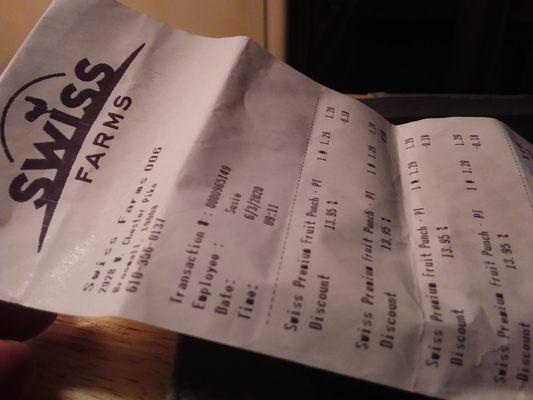 My Swiss Farms receipt.