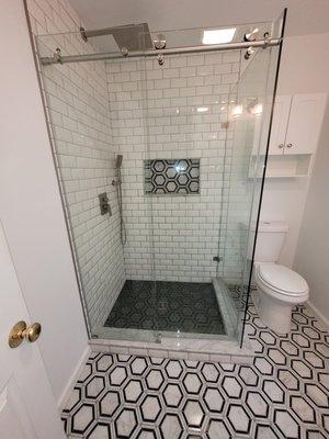 Custom tile shower, tile floor & Dreamline shower door