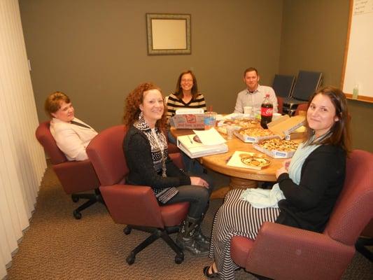 No, we don't always have pizza at staff meetings. 