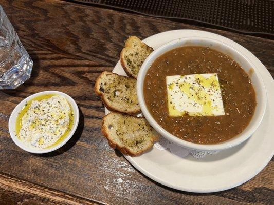 lentil soup and tzatziki with feta cheese