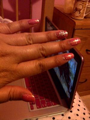 Pink shellac with white glitter and heart jewel design