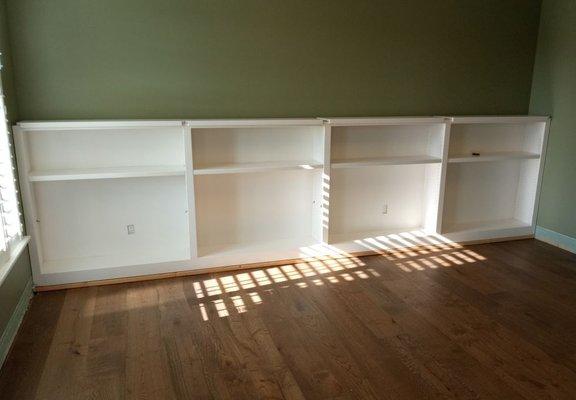 15 ft wide maple bookcases custom sized painted white