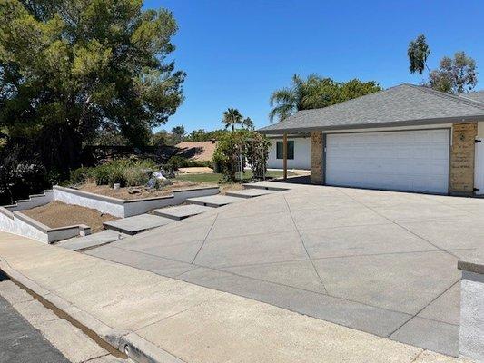 Driveway, Stairs, retaining planter walls with custom concrete cap