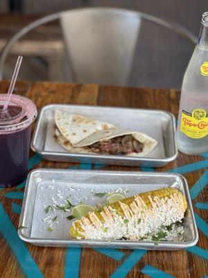 Hibiscus tea, Mushroom Quesadilla, Elote