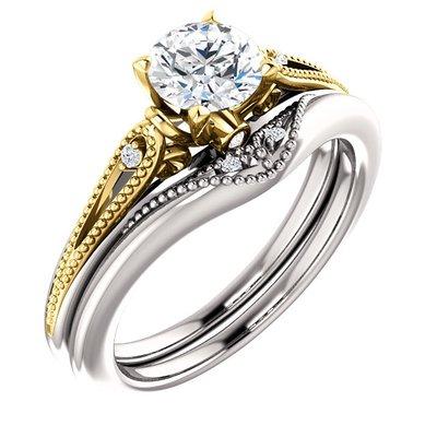 Vintage Yellow & White Gold Diamond Engagement Ring and White Gold Diamond Wedding Band