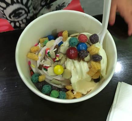 Taro & mango w/Captain Crunch, almonds, M&Ms!