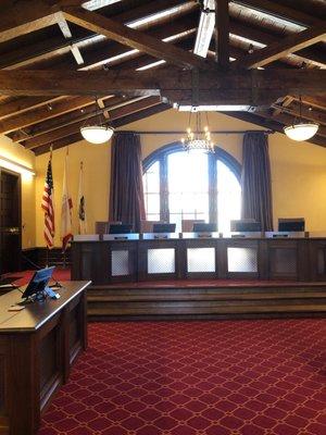 Council Chambers- state of the art, and incorporates hand hewn lumber in the ceiling. Lovely room.