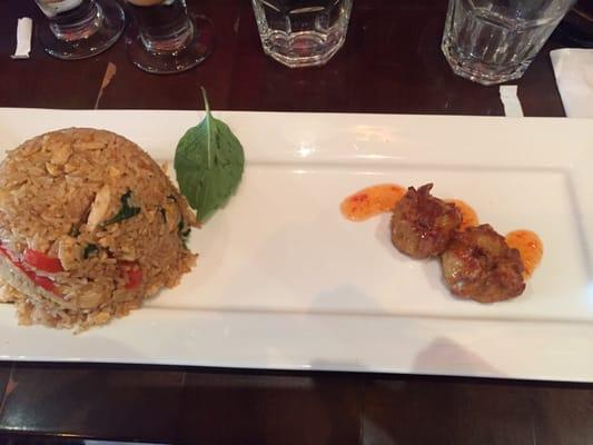 Spicy basil fried rice with fried dumpling