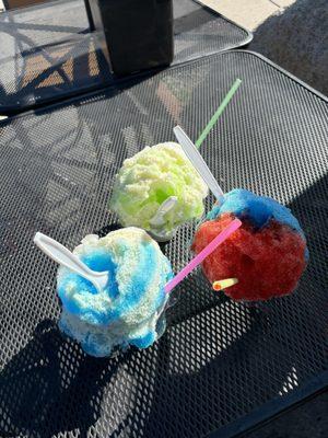 Blue vanilla/lychee/topped with sweetened condensed milk, blu vanilla/cherry, and lychee/watermelon topped with sweetened condensed milk