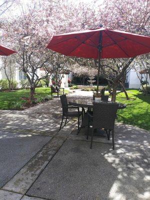 Comfortable tables to rest  at while enjoying the patio, sunshine and fountain.