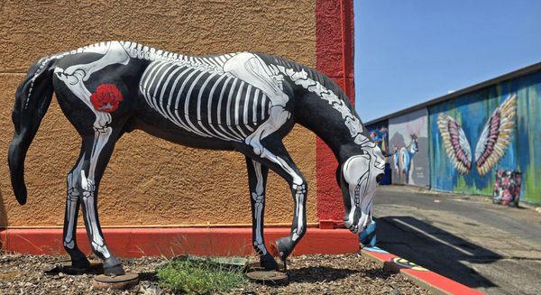 calavera painted horse outside Los Mariachis