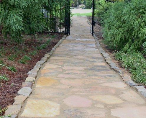 Mortared Tennessee brownstone flagstone walkway