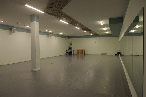 Studio 2 - professional, marley-covered studio with mirrors, sprung floor, and art wall (view toward entry)  55 x 30 ft