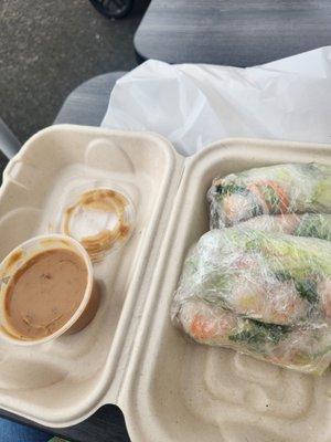 Delicious shrimp salad rolls with yummy peanut sauce.