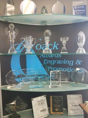 Glass trophies on display