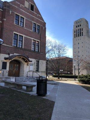 Lydia Mendelssohn Theatre on left and U of M's iconic Burton Bell Tower on the right.