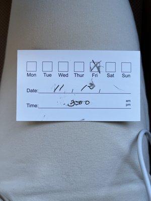 My appointment card showing I had an appointment today at 3 PM