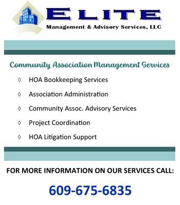 Elite Management Condo Assoc / HOA Services include bookkeeping services, association administration, advisory services, project coord.