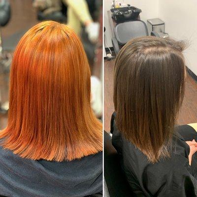 Removing orange/brassy tones to a neutral brown