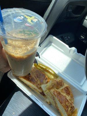 Iced coffee and #14 croissant sandwich