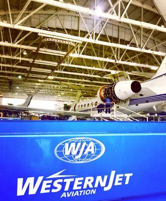 Western Jet Aviation busy hangar with multiple maintenance inspections and Avionics installs