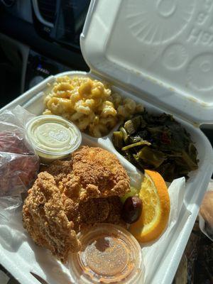 Catfish with 2 sides Mac and greens