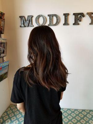 Work by Mitch at Modify Hair Lounge: A dimensional brunette custom color and long layers.