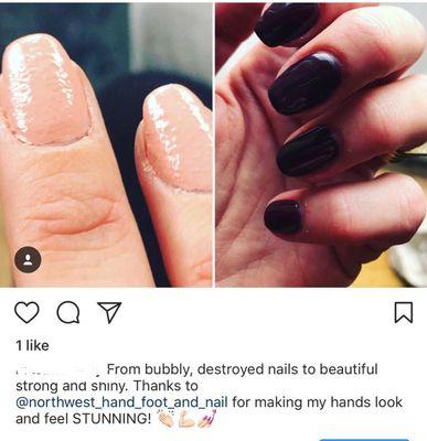 Before and after gel manicure, review copied from Instagram