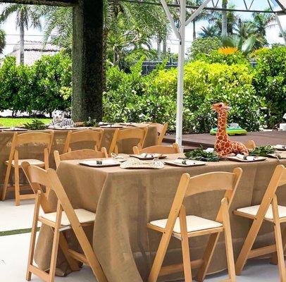 Wood Resin Chairs, Rectangular Table and Polyester tablecloth.