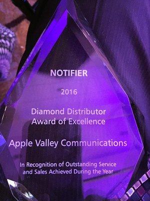 Apple Valley Communications was recognized by Notifier for Outstanding Service and Sales for the year 2016 by Notifier.