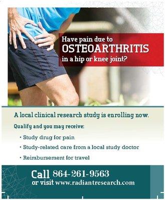 If you suffer from Osteoarthritis, and cannot achieve pain relief from OTC medications, give us a call today!