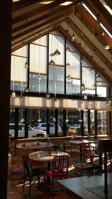 The seating area of the cafe and the view from the front windows.