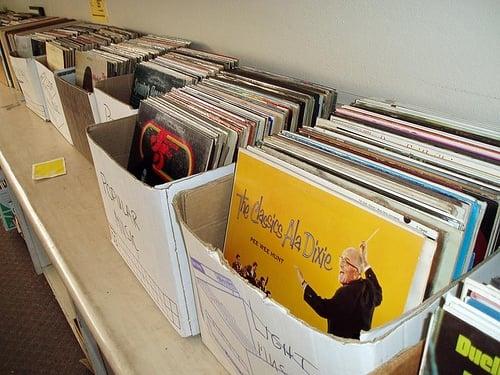 Records lined up in the Bargain Room for the Book Sale.