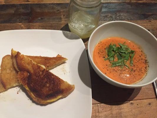 Tomato basil soup, grilled cheese sandwich and margherita