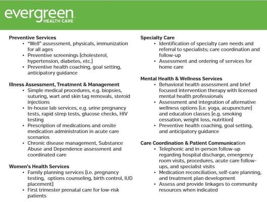 A sample of our comprehensive medical and other health services.