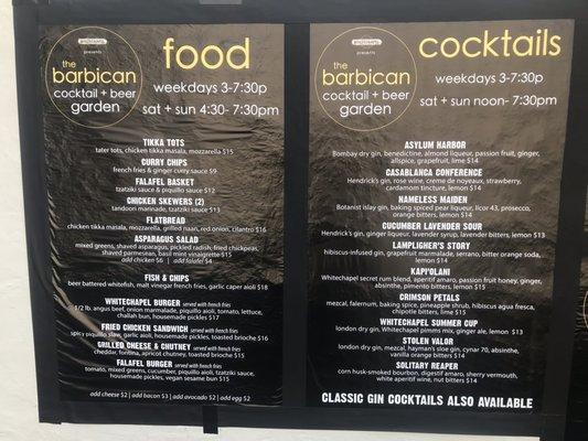 Dinner and cocktails menu