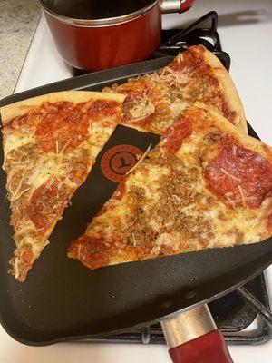 XLNY Giant Pepperoni & Ground Sausage on my pan because I couldn't get it to  crisp in the oven after over cooking the recommended time.