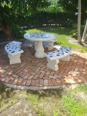 Matching blue table and benches for a special assistant house