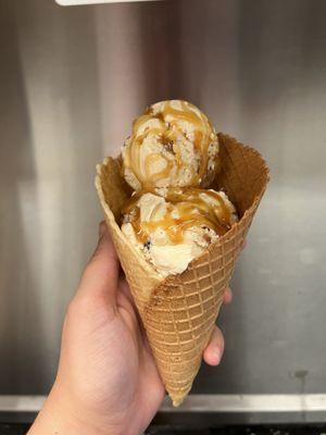 Butter Pecan Ice Cream in a Vanilla Cone with WARM caramel on top