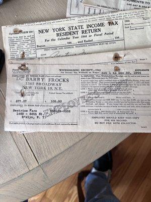 My Great Grandmothers Tax withholding receipt 1944