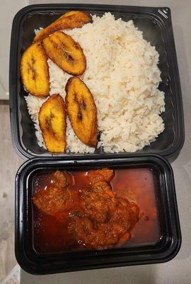 White Rice with Fried Plantain and Goat Meat Stew